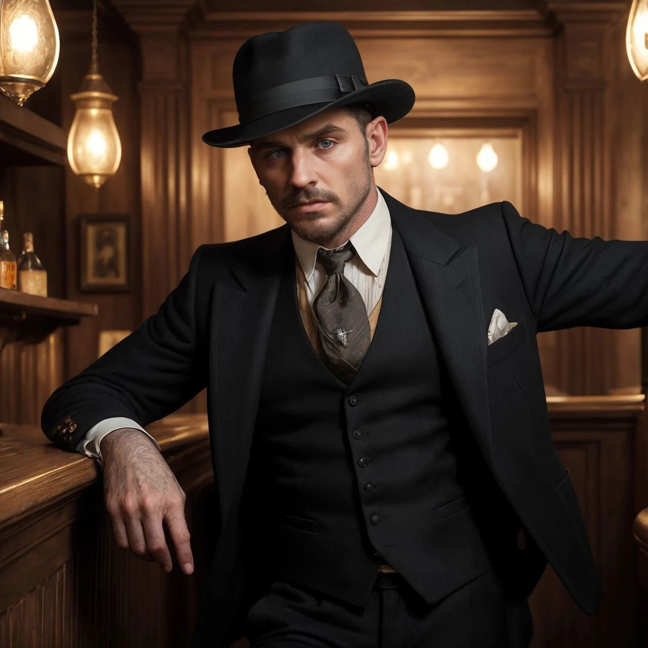 Masterpiece, hi res, 8k, award winning, (Classical realistic photo:1.3), (realistic photo style:1.1), photorealistic, dynamic cinematic lighting,
detailed and realistic portrait photo of rugged 1920s gangster young male, (dark suit, dark black fedora hat, waistcoat:1.2), bootlegger, rough 1920s chicago bar speakeasy, (model T ford truck:1.2)