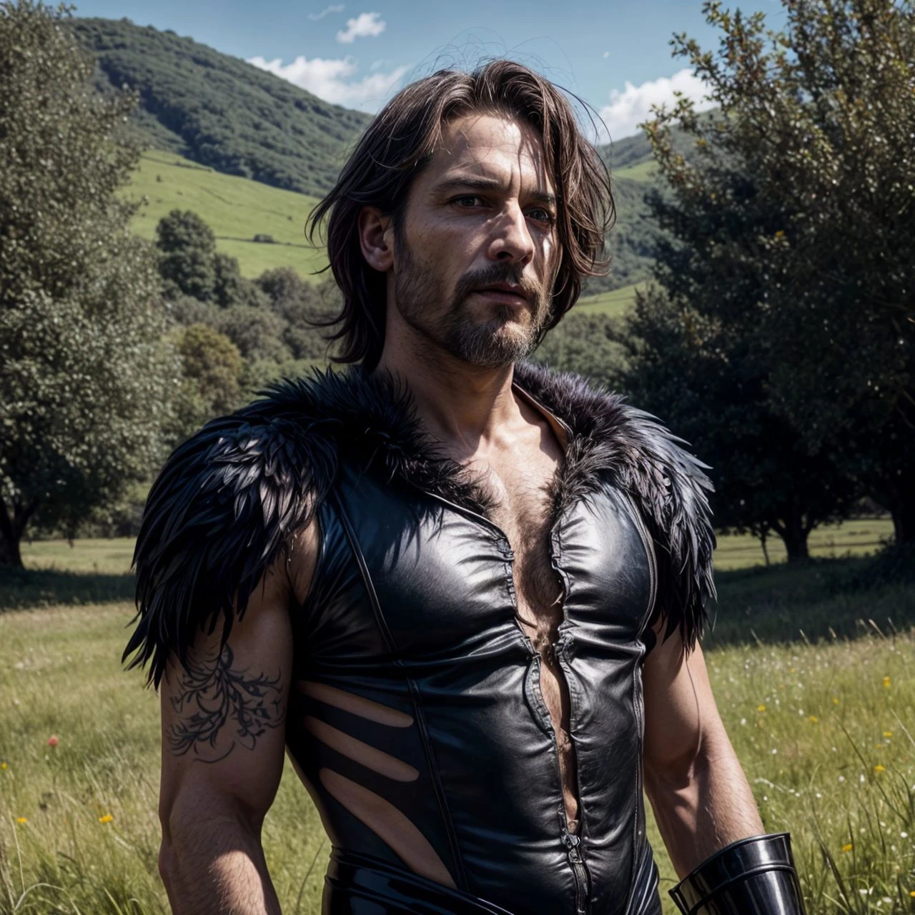 portrait, (a mature fantastic crow-man, man-crow:1.3) , crows, (man as a crow:1.2)( black irridescent rainbow holographic feathers:1.2), chimera
(outside in a field under trees, hills, fantasy English rural landscape:1.3), Masterpiece, hi res, 8k, award winning, (Classical realistic oilpainting style:1.3), (realistic anime style:1.1), , anime key visual, dynamic cinematic lighting, pornographic, by Jeremy Lipking, by Antonio J. Manzanedo,
<lora:add_detail:1>