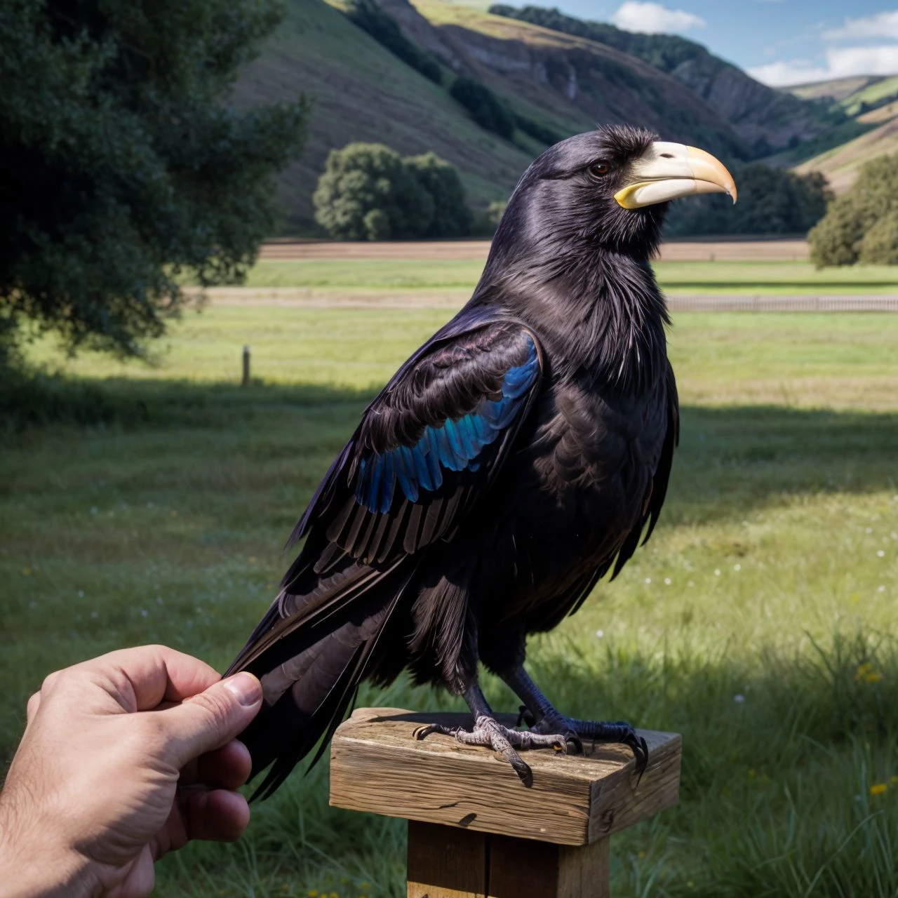 portrait, (a mature fantastic crow-man, man-crow:1.3) , crows, (man as a crow:1.2)( black irridescent rainbow holographic feathers:1.2), chimera
(outside in a field under trees, hills, fantasy English rural landscape:1.3), Masterpiece, hi res, 8k, award winning, (Classical realistic oilpainting style:1.3), (realistic anime style:1.1), , anime key visual, dynamic cinematic lighting, pornographic, by Jeremy Lipking, by Antonio J. Manzanedo,
<lora:add_detail:1>