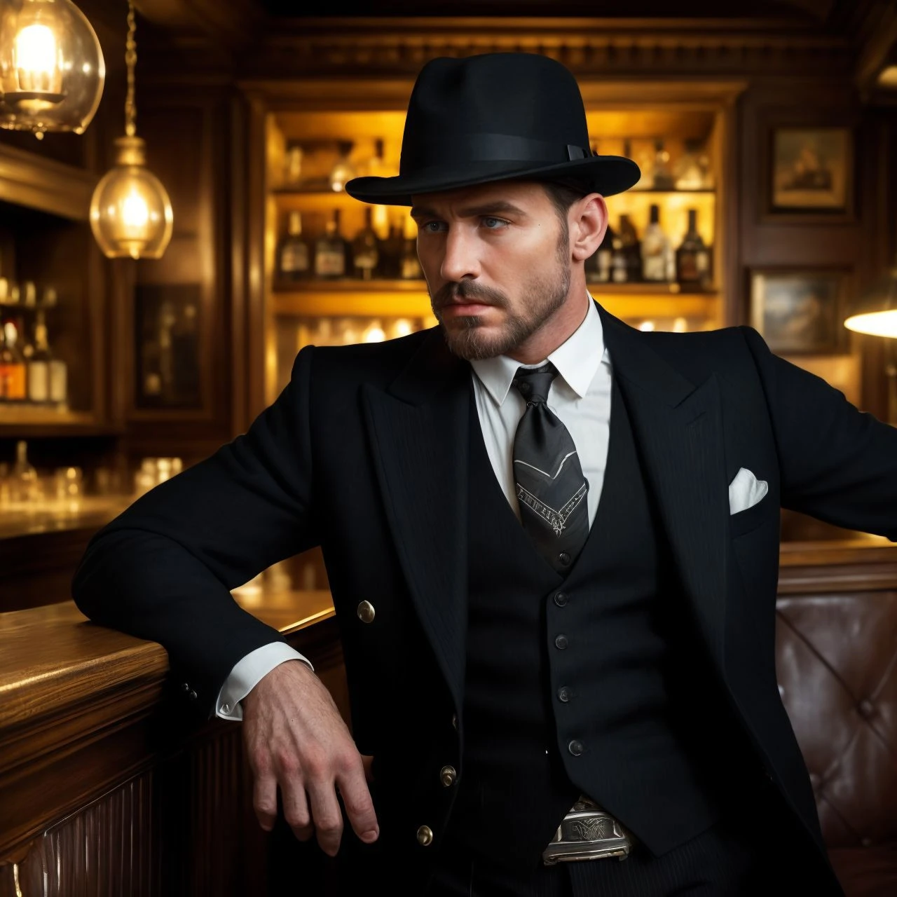 Masterpiece, hi res, 8k, award winning, (Classical realistic photo:1.3), (realistic photo style:1.1), photorealistic, dynamic cinematic lighting,
detailed and realistic portrait photo of rugged 1920s gangster young male, (dark suit, dark black fedora hat, waistcoat:1.2), bootlegger, rough 1920s chicago bar speakeasy, (model T ford truck:1.2)