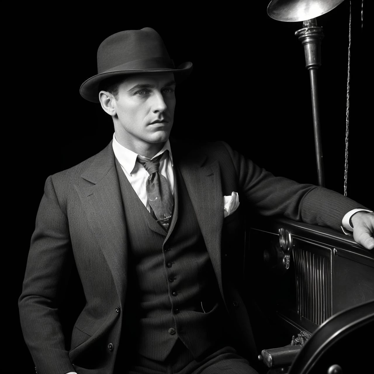Masterpiece, hi res, 8k, award winning, (Classical realistic photo:1.3), (realistic photo style:1.1), photorealistic, dynamic cinematic lighting, (monochrome vintage photo:1.3)
detailed and realistic portrait photo of rugged 1920s gangster young male, (dark suit, dark black fedora hat, waistcoat:1.2), bootlegger, rough 1920s chicago bar speakeasy, (model T ford truck:1.2)