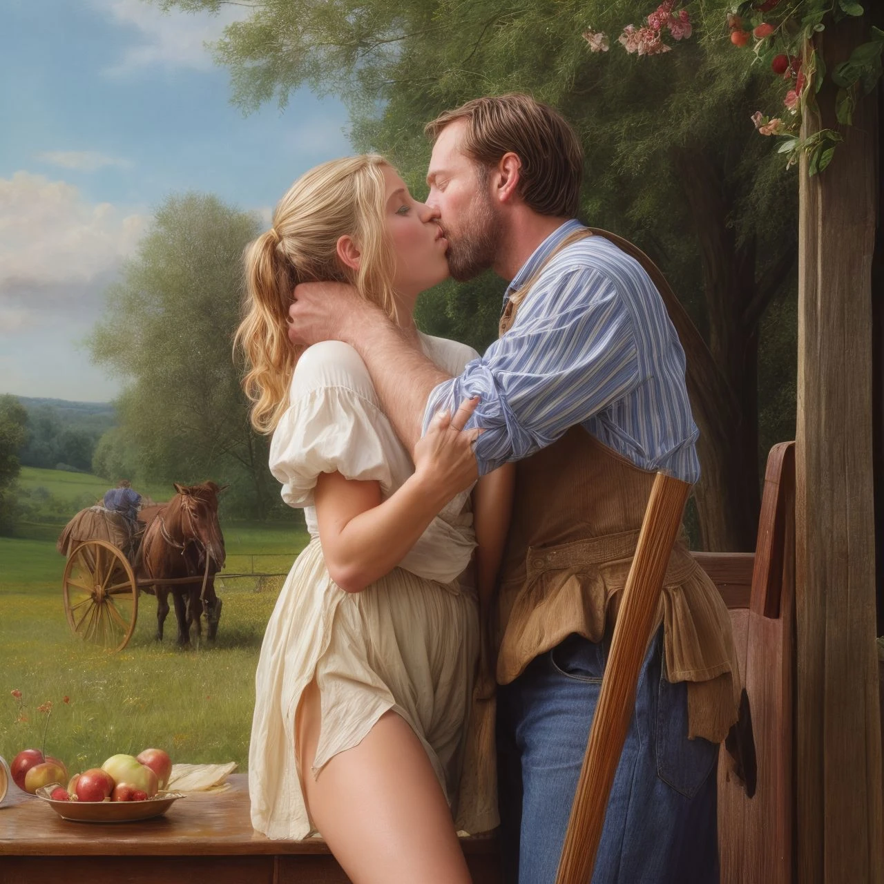 Masterpiece, hi res, 8k, award winning, (Classical realistic oil painting style:1.4), (realistic anime style:1.3), NSFW, anime key visual, dynamic cinematic lighting, pornographic,, (an oil painting:1.3)
(thin tanned legs:1.2), (ite Victorian girl, hugging and french-kissing a tall rugged male farmhand in dirty peasant clothes:1.4), man (spreading thighs grasp:1.2), (fingering vagina:1.2), perfect erect penis, messy long hair, (spread legs:1.2), (bulging vagina:1.2), gaping vagina, vaginal pre-cum drip, floral summer dress, hypersexual, (orgasm:1), lustful defiant, in the hay meadow, cider flagon, (under the farm cart, under trees:1.1) , english countryside, loose hay, 1830, joy, (Cider with Rosie:1.2), (in love:1.3)
, <lora:add_detail:1> <lora:DragonfruitGT_MINT:1>