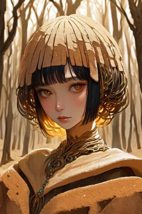 woman in a mythical forest, masterpiece, perfect face, intricate details, horror theme, raw photo, photo unp <lora:DonMS4ndW0rld:1> donms4ndw0rld, made of sand, made of sandstone
