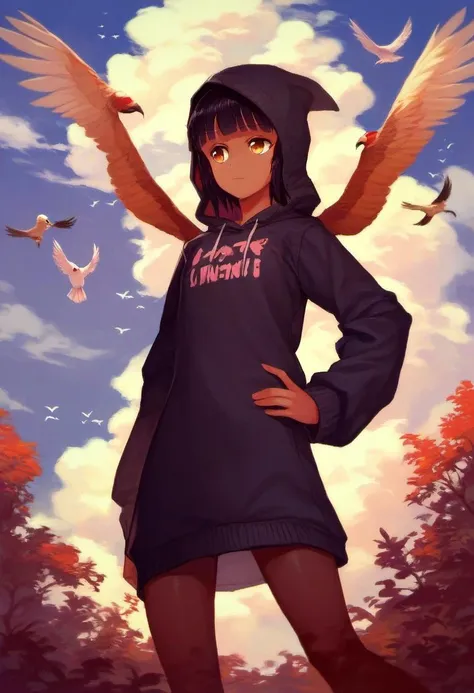 <lora:Tsuneyo_from_LiL_PonyXL:0.8>, tsuneyo_bird, 1girl, wings, solo, outdoors, day, hand on hip, sky, blunt bangs, hood, bird, cloud, long sleeves, BREAK , zPDXL, score_9, score_8_up, score_7_up, score_6_up, score_5_up, score_4_up