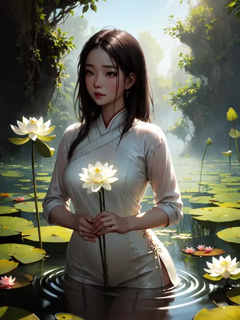 close up portrait of a cute vietnamese woman bathing in a Lotus pond, reeds, (backlighting), realistic, masterpiece, highest quality, lens flare, shade, bloom, [[chromatic aberration]], by Jeremy Lipking, by Antonio J. Manzanedo, digital painting