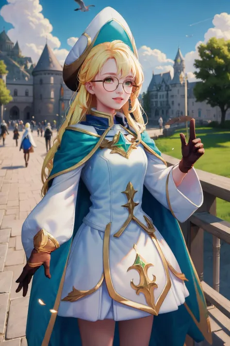 <lora:annette-08:1>,1girl, solo, bangs, long hair, yellow hair, parted lips, green eyes, gloves, cloak, glasses, (purple|yellow:0.5) hat, (gulls), sky, clouds, castles, trees, look at the viewer, smile, the village, the road, the light harmonize, (masterpiece,best quality:1.5)