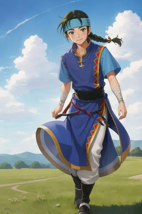 masterpiece, best quality, solo, 1boy, smile, looking at viewer, <lora:Guy_Fp:1>, guyfe, blue shirt, pants, boots, headband, braid, bandages, field, outdoors, <lora:FE-ENGAGE S Rank_Fp:1>, sky, clouds,