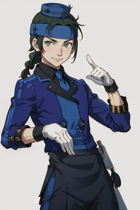 masterpiece, best quality, solo, 1boy, smile, looking at viewer,   <lora:Guy_Fp:1>, guyfe, ,headband, braid, <lora:Velvet-Room-M-Outfit_Fp:1>,  velvetmoutfit, gloves, hat