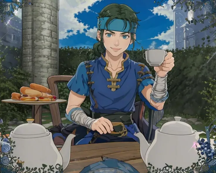 masterpiece, best quality, solo, 1boy, smile, looking at viewer, <lora:Guy_Fp:1>, guyfe, blue shirt, pants, boots, headband, braid, bandages, <lora:Teatime-concept_Fp:0.8>, cup, table, food, teapot, outdoors, sky, clouds, sitting