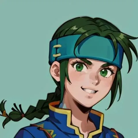 masterpiece, best quality, solo, 1boy, smile, looking at viewer, <lora:Guy_Fp:1>, guyfe, blue shirt, headband, braid, bandages, <lora:Fire-emblem-Nes-portarits_Fp:1>, green background, portrait,