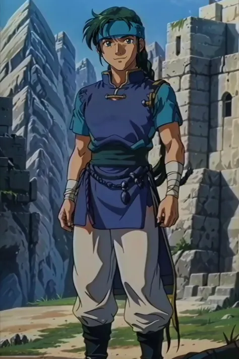 masterpiece, best quality, solo, 1boy, smile, looking at viewer, <lora:Guy_Fp:1>, guyfe, blue shirt, pants, boots, headband, braid, bandages, <lora:Feovatest2:0.9>,standing, outdoors,