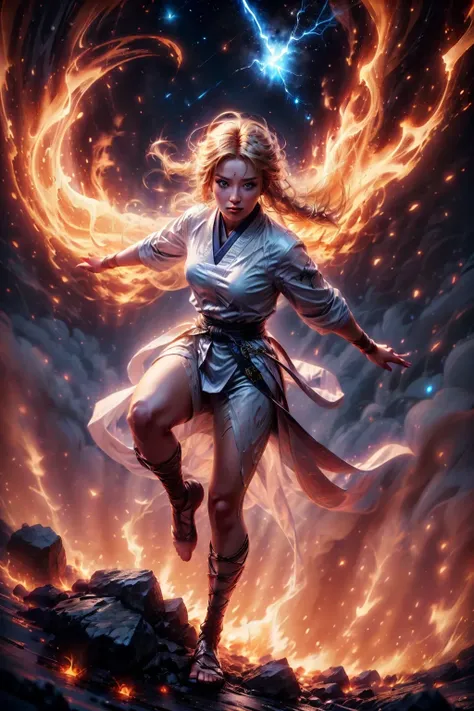 8K, highest quality, masterpiece, realistic, ultra detail, photograph, HDR, High resolution, cinematic light, official art, High resolution, Depth of written boundary,(running), girl1name、20-year-old, medium long hair,Take a full body photo、action pose,universe,cloudy sky、universe船、Starlight、thunder、lightning、 (Wind:1.8),