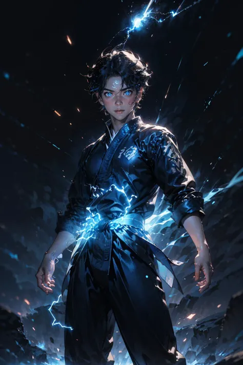 masterpiece, best quality, 32k uhd, Epic CG masterpiece, hdr, dtm, 8K, ultra detailed graphic tension, 00 renderer, dynamic poses, stunning colors, 3D rendering, surrealism, cinematic lighting effects, super realistic, super vista, super wide Angle, HD, 
(blue electric arc:1.2), (glowing:1.5), calligraphy characters, meteor, sphere, sky, white background,
wuji, (1boy:1.8), no weapon, white clothes, fighting stance, (simple clothes:1.6), (hand held electric arc), (wrapped in electricity all over the body), (simple background:1.2), 
full body photos, exquisite facial features, super delicate face, normal fingers, normal legs, normal arms,light particles, light particle art,