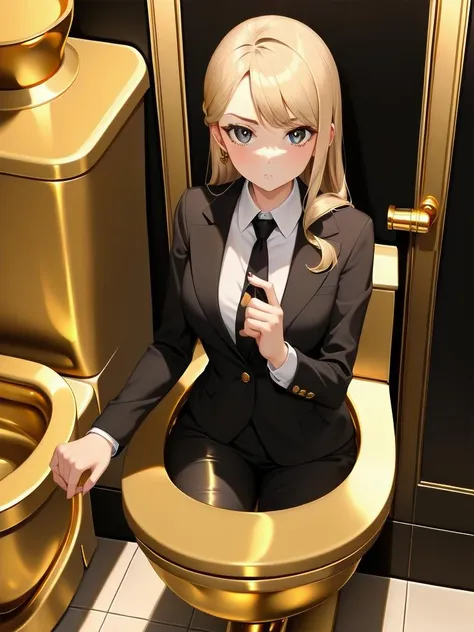 masterpiece, 
1girl,  luxury woman,seriously,toilet use,black suit,  
gold toilet, gold restroom, gold toilet bowl,   <lora:Gold_Toilets_v1.0:0.8>,