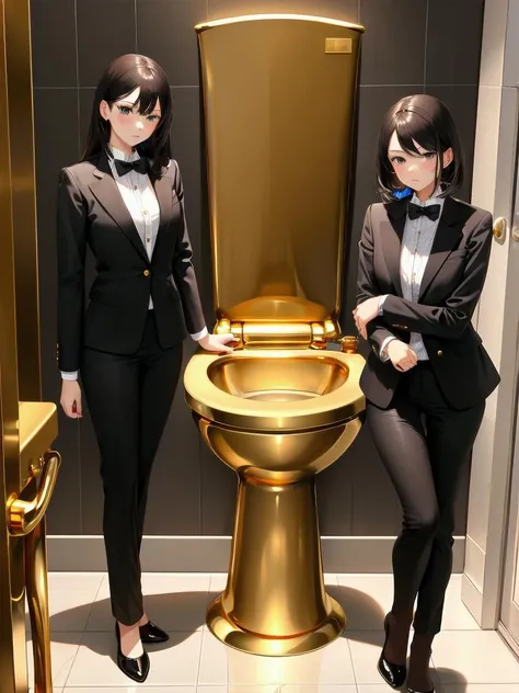 masterpiece, 
1girl,  luxury woman,seriously,toilet use,black suit,  
gold toilet, gold restroom,    <lora:Gold_Toilets_v1.0:0.8>,