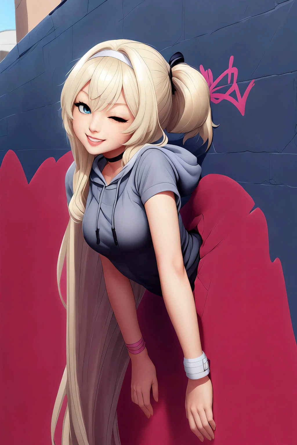(detailed eyes:1.3), Beautiful Lighting, (1girl:blue eyes, (blonde hair:1.2), absurdly long hair, (hair between eyes:1.1)), (real skin), <lora:Tool - Detail up:0.5>, <lora:y:1>,
(outdoors, alley:1.3),
<lora:RabbitHole:0.5>, 1girl, (through wall:1.3), (hoodie:1.3), short sleeves, black choker, from side, (brick wall:1.2), smile, teeth, <lora:boldline:-1>, (one eye closed:1.2), graffiti, solo focus,