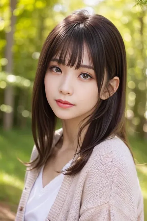 1girl,(wearing a blouse and cardigan:1.2),(RAW photo, best quality), (realistic, photo-realistic:1.4), masterpiece, an extremely delicate and beautiful, extremely detailed, 2k wallpaper, Amazing, finely detail, extremely detailed CG unity 8k wallpaper, ultra-detailed, highres, soft light, beautiful detailed girl, extremely detailed eyes and face, beautiful detailed nose, beautiful detailed eyes,cinematic lighting,in a beautiful forest of pine trees at a Japanese countryside,autumn scenery,maple trees in autumn,by a small rocky river,perfect anatomy,slender body,smiling, <lora:akiyamaeri_lora:0.8>