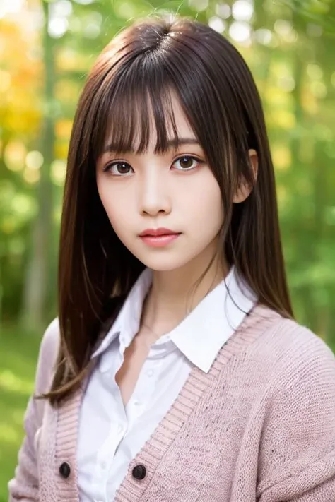 1girl,(wearing a collared blouse and cardigan:1.2),(RAW photo, best quality), (realistic, photo-realistic:1.4), masterpiece, an extremely delicate and beautiful, extremely detailed, 2k wallpaper, Amazing, finely detail, extremely detailed CG unity 8k wallpaper, ultra-detailed, highres, soft light, beautiful detailed girl, extremely detailed eyes and face, beautiful detailed nose, beautiful detailed eyes,cinematic lighting,in a beautiful forest of pine trees at a Japanese countryside,autumn scenery,maple trees in autumn,by a small rocky river,perfect anatomy,slender body,smiling, <lora:akiyamaeri_lora:0.8>