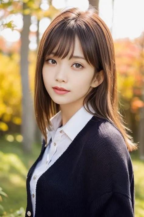 1girl,(wearing a collared blouse and cardigan:1.2),(RAW photo, best quality), (realistic, photo-realistic:1.4), masterpiece, an extremely delicate and beautiful, extremely detailed, 2k wallpaper, Amazing, finely detail, extremely detailed CG unity 8k wallpaper, ultra-detailed, highres, soft light, beautiful detailed girl, extremely detailed eyes and face, beautiful detailed nose, beautiful detailed eyes,cinematic lighting,in a beautiful forest of pine trees at a Japanese countryside,autumn scenery,maple trees in autumn,by a small rocky river,perfect anatomy,slender body,smiling, <lora:akiyamaeri_lora:0.8>
