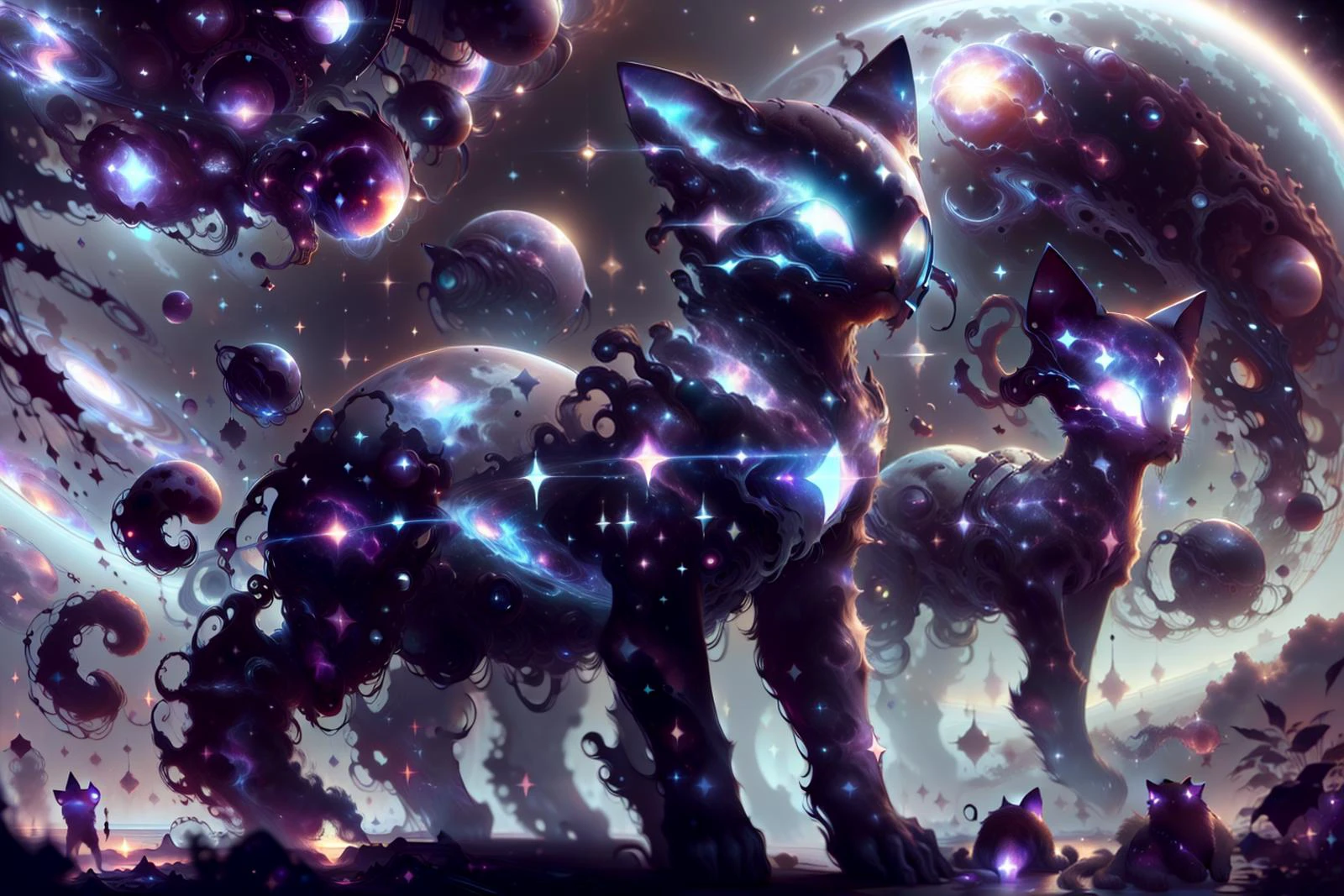 (cosmic space :1.3) , <lora:Type3Tech-21:0.8>, type3tech , scifi, type 3 civilization , starfield, <lora:CelestialSkin2:1>, black background , CelestialSkin cats , <lora:FelineDNA-30:0.8>