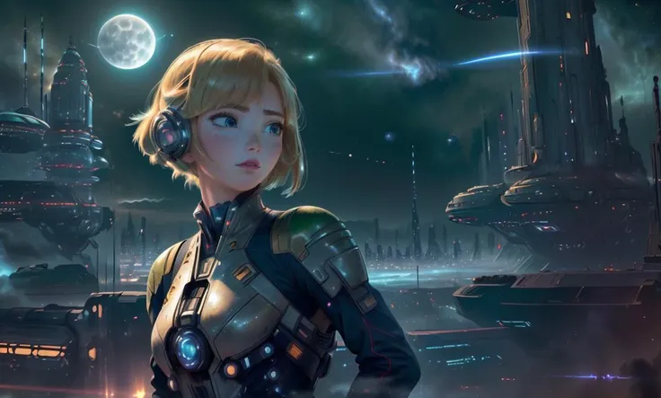 space age, type 3 civilization, (portrait), (adult woman), (1girl, solo), japanese, (revealing dress), ((small breasts)), ((muscular)), abs, (blonde hair, medium hair), (green eyes), (parted lips, sensual, seductive), freckles, detailed skin, ((landscape, city, nebula, night, moon)), (best quality, high detail), ((masterpiece)),  <lora:anna_of_arendelle_v2:0.8> , (anna of arendelle),