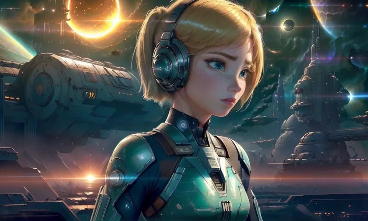 space age, type 3 civilization, (portrait), (adult woman), (1girl, solo), (bodysuit), ((small breasts)), ((muscular)), abs, (blonde hair, medium hair), (green eyes), (parted lips, sensual, seductive), freckles, detailed skin, ((landscape, city, nebula, night, solar eclipse)), (best quality, high detail), ((masterpiece)),  <lora:anna_of_arendelle_v2:0.8> , (anna of arendelle),