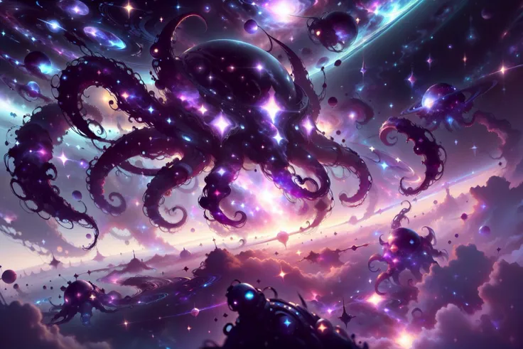(cosmic space :1.3) , <lora:Type3Tech-21:0.8>, type3tech , scifi, type 3 civilization , starfield, <lora:CelestialSkin2:1>, black background , CelestialSkin octopus,
