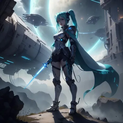 <lora:Type3Tech-21:0.8>, type3tech , scifi,  type 3 civilization , 
hatsune miku, 1girl, female knight,  holding a saber, full body, glowing cape , standing,