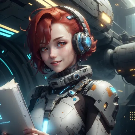 <lora:Type3Tech-21:0.8>, type3tech , scifi,  type 3 civilization , 
scholar , scroll, 1girl,short hair, red hair, glowing eyes, smile ,closed mouth,