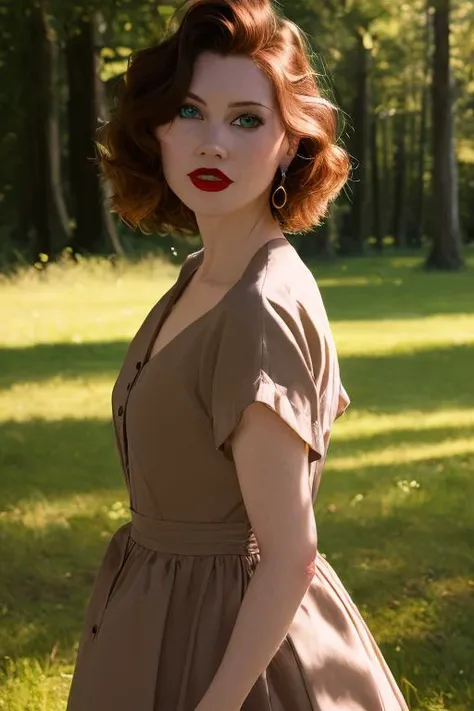 masterpiece, best quality, highres, anniehughes, green eyes, brown hair, red lips, outdoors, park, dress, <lora:anniehughes:0.7>