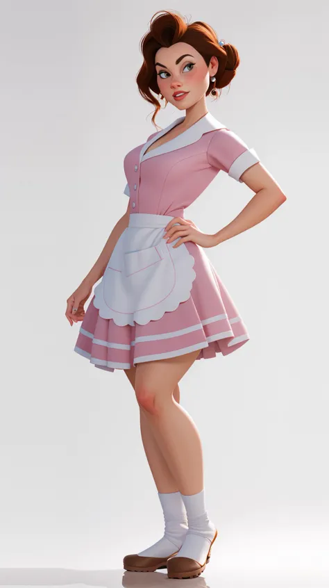 <lora:p3r3zstyle:0.8>, <lora:anniehughes:0.8>, Annie Hughes in sexy pink waitress dress, white apron, posing sexy, short hair, updo hair, perfect hands, brown shoes, ultra realistic digital art, a 3D render, photorealism, clean scene, white background, white wall, shinny floor, white floor
