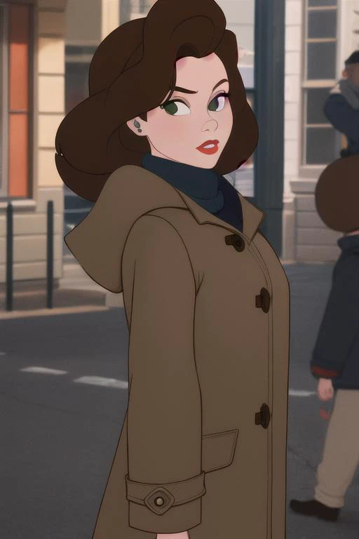 masterpiece, best quality, highres, anniehughes, green eyes, brown hair, red lips, city, coat, <lora:anniehughes:0.7>