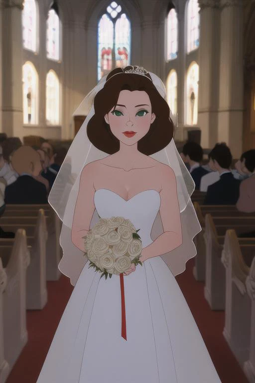 masterpiece, best quality, highres, anniehughes, green eyes, brown hair, red lips, church, bride, wedding dress, <lora:anniehughes:0.7>