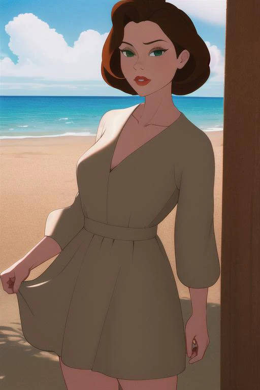 masterpiece, best quality, highres, anniehughes, green eyes, brown hair, red lips, beach, dress <lora:anniehughes:0.7>