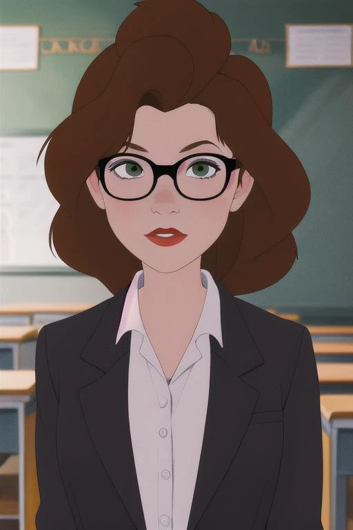 masterpiece, best quality, highres, anniehughes, green eyes, brown hair, red lips, classroom, glasses, teacher, <lora:anniehughes:0.7>