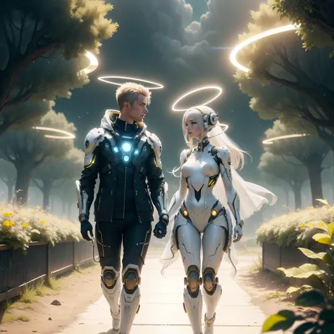 <lora:BlessedTech-20:0.8>, blessedtech , holy aura,  scifi
couple walking in the park