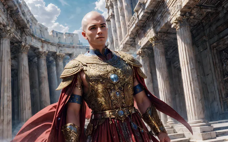 masterpiece, epic, majestic, best quality, very high resolution, 8k, hdr, digital photography, dynamic pose, likely adult (male Garif:1.2) witch, aquamarine eyes, (silver hair, shaved head:1.1), looking at camera with a resentful expression, (Style-GravityMagic:0.7), looking up, solo, establishing shot, detailed face, (<lora:BlessedTech:0.6>, medieval, blessedtech theme:1.1) aristocrat, dynamic pose, red ancient tunic, laurel, greek mythology, height of greek civilization, Troy, minoan, hoplite, amphitheater, classical era, (flourishing civilization:1.1), coast in background, majestic atmosphere, ,, (iridescent:0.7), (transparent:0.8), (translucid:0.8), (reflection:0.6), (refraction:0.3), (diffraction:0.3), (caustics:0.3), volumetric lights, volumetric shadows, (subsurface scatering:0.4), physically based rendering, (intricate details:1.3), hyperdetailed, ultrarealistic, (sharp focus:1.2) <lora:hyperdenoiser_v090:1.5> <lora:add_detail:1.5>