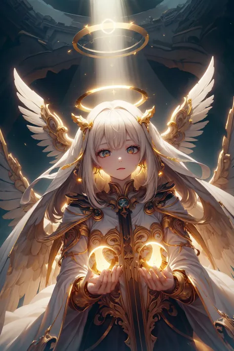 (masterpiece), best quality, high resolution, 1 girl, 1 halo,mythical priestess,giant goddess, big_glowing_wings, golden_energy,long white dress, aura, light_particles:1.5, (dark chamber:1.5), ((Enlightenment, bless,purification )), , random_eye_color ,<lora:IvoryGoldAIv2:0.6>  <lora:add_detail:0.6>  <lora:BlessedTech:0.6> (wide-angle lens,Panoramic:1.2) ,