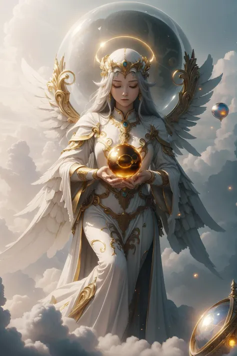 (masterpiece), best quality, high resolution, 1 girl, 1 halo,mythical priestess,giant goddess, big_glowing_wings, golden_energy,long white dress, aura, light_particles:1.5, (sphere :1.5), ((Enlightenment, bless,purification )), , random_eye_color ,<lora:IvoryGoldAIv2:0.6>,<lora:BlessedTech:0.6> (wide-angle lens,Panoramic:1.2)