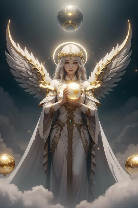 (masterpiece), best quality, high resolution, 1 girl, 1 halo,mythical priestess,giant goddess, big_glowing_wings, golden_energy,long white dress, aura, light_particles:1.5, (sphere :1.5), ((Enlightenment, bless,purification )), , random_eye_color ,<lora:IvoryGoldAIv2:0.6> <lora:BlessedTech:0.6> (wide-angle lens,Panoramic:1.2)