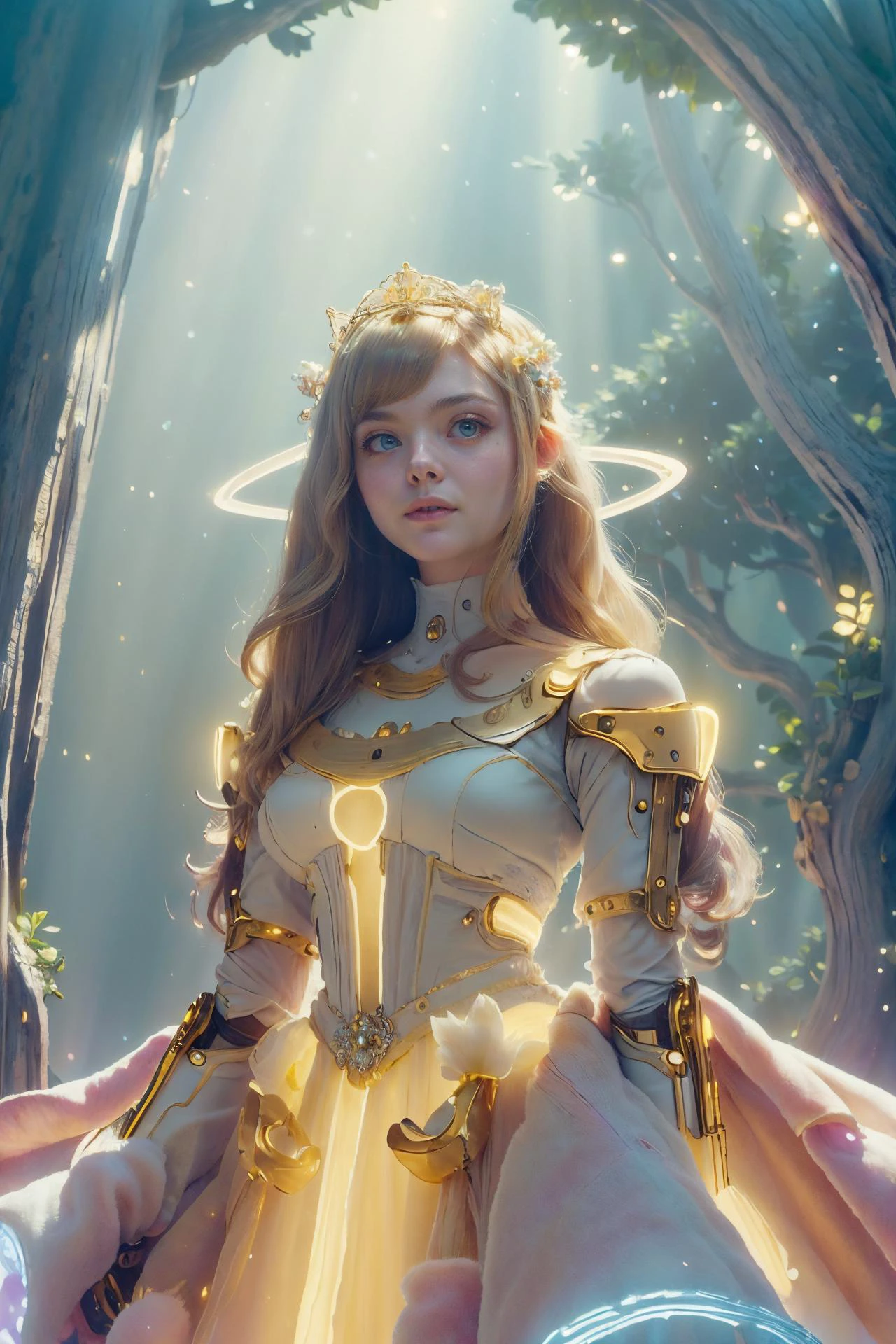 (best quality, photorealistic, masterpiece:1.3), 20 year old girl, cute and adorable, very long hair, (princess dress:1.3), character focus portrait, solo, (full body:0.6), looking at viewer, detailed background, detailed face, serene expression, cybergirl, wearing colorful sci-fi clothes, calm posture, glowing orbs, nature magic, (style-swirlmagic:0.8), rock, glowing red flowers, violets, rays of light, dense forest in background, ethereal atmosphere, earth tones, highly detailed textures, intricate details, <lora:KawaiiTech-20:1>, kawaiitech, pastel color, <lyco:ellefanning_lycor_02-000003:1>, ellefanning-smf, <lora:BlessedTech-20:0.8>, blessedtech ,holy, scifi