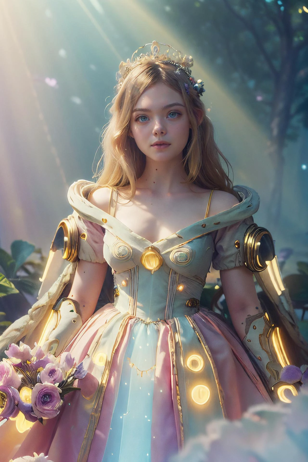 (best quality, photorealistic, masterpiece:1.3), 20 year old girl, cute and adorable, very long hair, (princess dress:1.3), character focus portrait, solo, (full body:0.6), looking at viewer, detailed background, detailed face, serene expression, cybergirl, wearing colorful sci-fi clothes, calm posture, glowing orbs, nature magic, (style-swirlmagic:0.8), rock, glowing red flowers, violets, rays of light, dense forest in background, ethereal atmosphere, earth tones, highly detailed textures, intricate details, <lora:KawaiiTech-20:1>, kawaiitech, pastel color, <lyco:ellefanning_lycor_02-000003:1>, ellefanning-smf, <lora:BlessedTech-20:0.8>, blessedtech ,holy, scifi