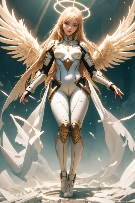 blessedtech holy cyber angel, wearing blessed angel armor with aura of zealous power, legion of heaven, defender of faith, god rays,
1girl, bodysuit, tights, looking at viewer, blonde hair, absurdly long hair, (full body), floating, smile, parted lips,
((ultra realistic details)), global illumination, shadows, octane render, 8k, ultra sharp, realistic light, trending on cgsociety, detailed ornaments, top quality, best quality, official art, beautiful and aesthetic, highest detailed,