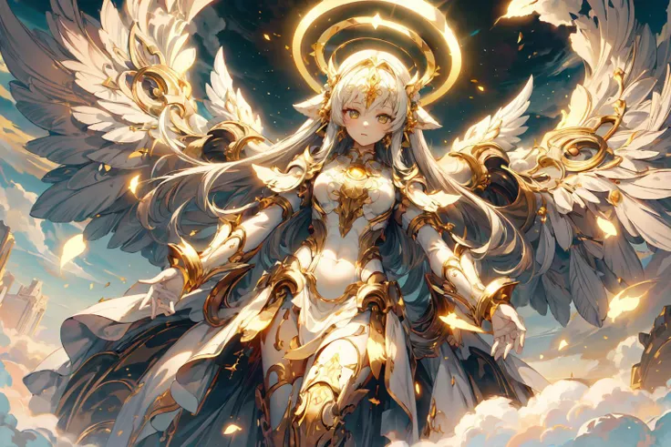 (masterpiece), best quality, high resolution, 1 girl, 1 halo,mythical priestess,giant goddess, big_glowing_wings, golden_energy,long white dress, aura, light_particles:1.5, (heaven:1.5), ((Enlightenment, blessed)), , random_eye_color ,<lora:IvoryGoldAIv2:0.6><lora:AMechaSSS:0.6> <lora:add_detail:0.6> <lora:BlessedTech:0.6> (wide-angle lens,Panoramic:1.2)