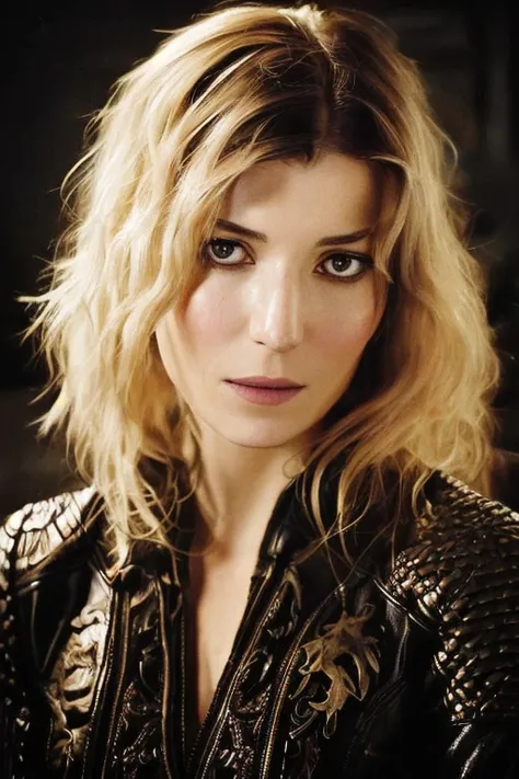 portrait photo of SelmaErgec01,(black leather jacket), (dirty blonde hair), alluring portrait, intricate, highly detailed, digital painting, artstation, concept art, naughty, sharp focus, cinematic lighting, illustration, art by artgerm and greg rutkowski, alphonse mucha, cgsociety, <lora:SelmaErgec01-000004:1>