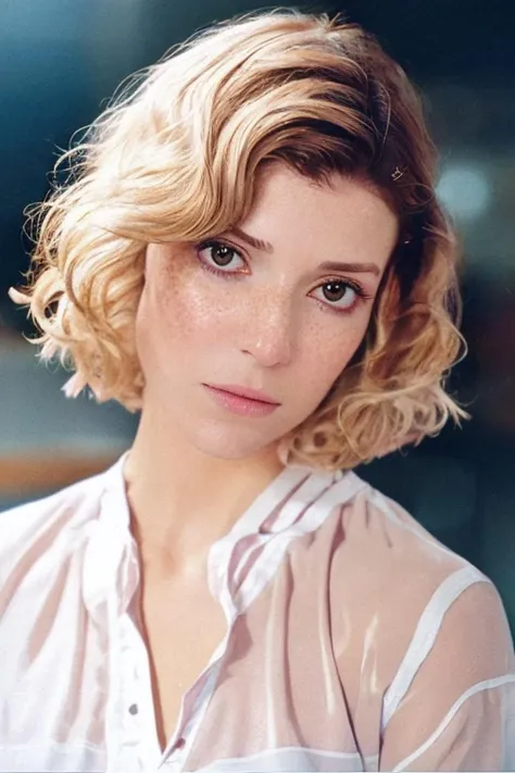 a photo of  SelmaErgec01, brown eyes, 1girl, solo, blonde, 1girl, solo, short hair, chin length blunt hair, collar wearing, Photorealistic, Hyperrealistic, Hyperdetailed, analog style, detailed skin, (Foundation - Lighter Shade, Concealer - Lighter Shade, Highlighter, Brightening Primer, Illuminating Powder, Color Corrector - Peach or Pink Tones), ((white work shirt)), soft lighting, subsurface scattering, realistic, masterpiece, best quality, ultra realistic, 8k, golden ratio, Intricate, High Detail, film photography, soft focus, RAW candid cinema, 16mm, color graded portra 400 film, remarkable color, textured skin, remarkable detailed pupils, realistic dull skin noise, visible skin detail, skin fuzz, dry skin, shot with cinematic camera, detailed skin texture, (blush:0.5), (goosebumps:0.5), from side, matte skin, <lora:SelmaErgec01-000004:1>, front view, straight on