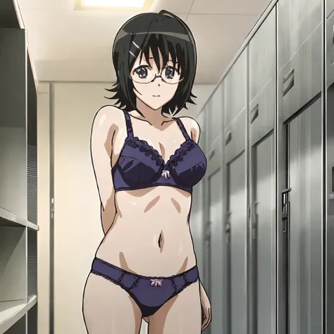 yorihime nao, <lora:yorihime_naov1:0.7> glasses, underwear, hairclip, facing viewer, standing, anime, changing room, lockers, masterpiece, best quality