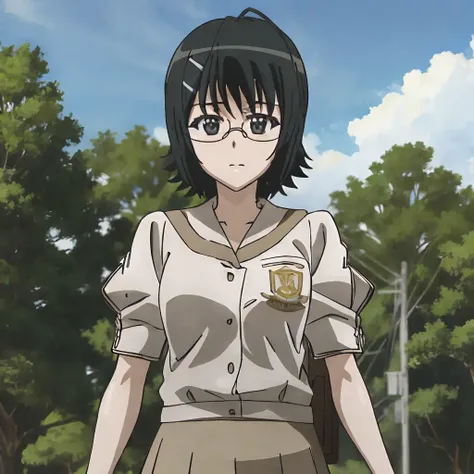 yorihime nao, <lora:yorihime_naov1:0.7> glasses, school uniform, hairclip, facing viewer, standing, anime, masterpiece, best quality