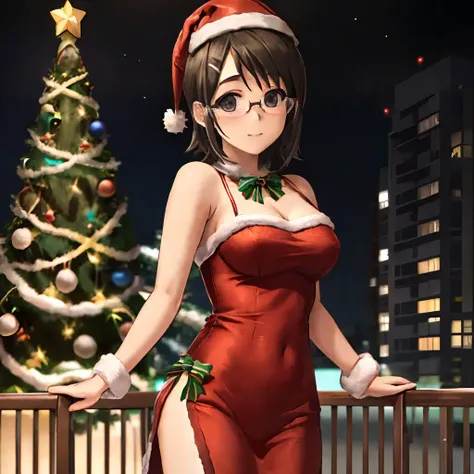 yorihime nao,  <lora:yorihime_naov1:0.7> glasses,  party dress, hairclip, facing viewer, christmas party, standing, party, christmas tree, masterpiece, best quality