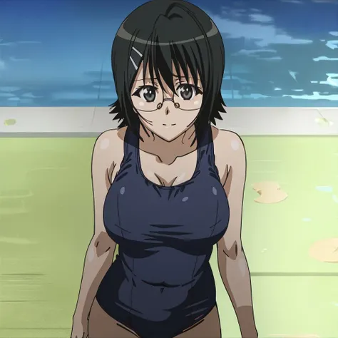 yorihime nao, glasses, one-piece swimsuit, large breasts, hairclip, facing viewer, standing, poolside, <lora:yorihime_nao_v2:0.8>, masterpiece, best quality